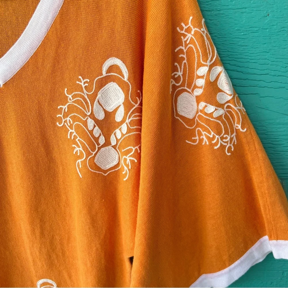KENAR Sweater Top Embroidered Light Knit Orange White Kimono Sleeves SIZE SMALL